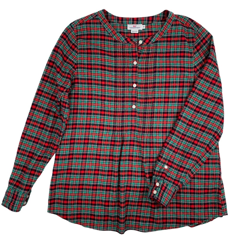 Vineyard Vines Womens Flannel Pleated Tunic Top. Long Sleeve. Size 14. Red Plaid